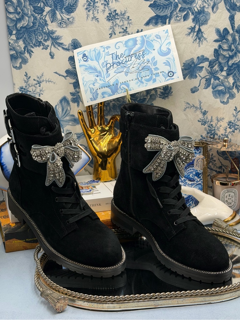 🆕 KURT GEIGER LONDON 🧿 NWOB Sutton Crystal Bow Boots, Black Suede - Sz EU 37 7